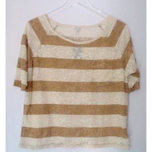 FOREVER 21 CAMEL CREAM STRIPED BURN-OUT T-SHIRT L